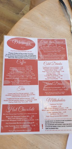 Menu at Murray's in Barmouth