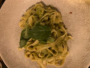 Avocado pasta, minus parmesan at Green Hippo in Helsinki