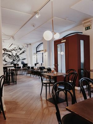 The interior with the cool painting at Green Hippo in Helsinki