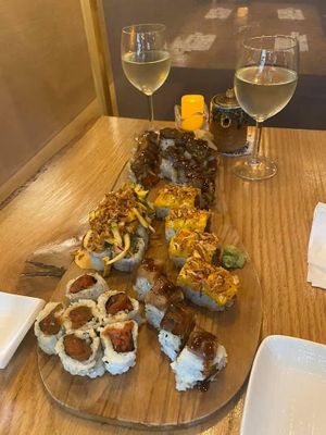 Red dragon, Veggie on Fire, Philly “Cheesesteak” and Spicy Vegan Tuna sushi  at Tomo Sushi & Ramen in Philadelphia