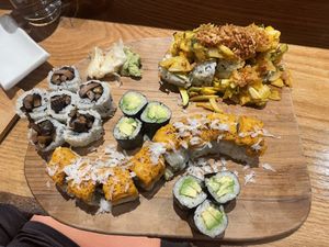 Veggie on fire, shiitake, avocado, harvest …. Love the artwork   at Tomo Sushi & Ramen in Philadelphia