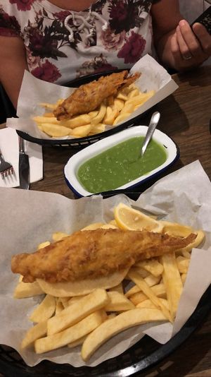 Fish and chips with mushy peas at Sutton and Sons in London