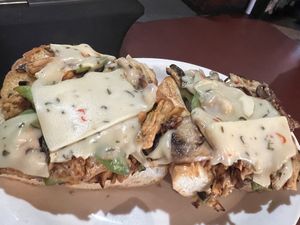 Tried this new happy hippie sandwich. It’s a take on a Philly but using Abbott P protein vegan chicken no seed oils no BS. & a jalapeño vegan cheese from follow your heart.  at Melody in Los Angeles