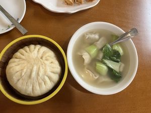Big bun and wonton soup  at Dumplings N More in San Diego