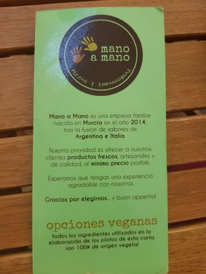 Vegan menu at Mano a Mano in Cartagena