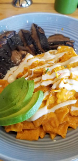 Vegan Chilaquiles with baked chips at Alma Verde - Hipodromo in Tijuana