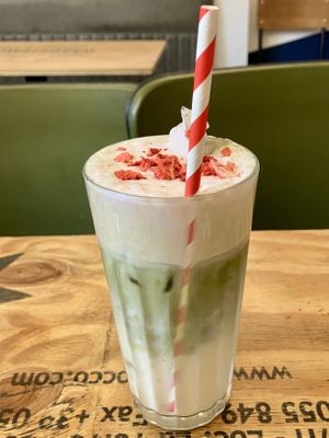 Iced match with strawberry cold foam   at Gaard Coffee Hide in Sheffield