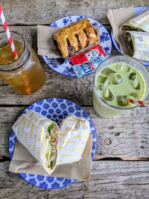 Sausage roll and hoisin no duck wrap at Gaard Coffee Hide in Sheffield