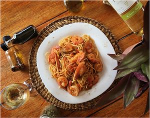 MARE E MONTI: pasta with fresh tomato sauce, shrimp and mushrooms $14  at Il Capuccino in Puerto Lopez