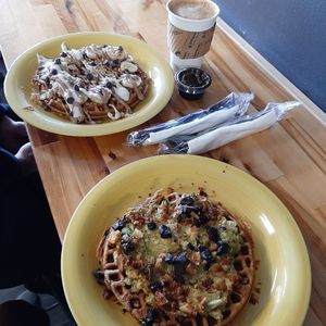 Chocolate waffle & savory waffle topped with avocado, mushrooms & coconut bacon at Culture Coffee & Tea Bar in Virginia Beach