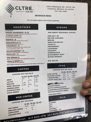 Menu   at Culture Coffee & Tea Bar in Virginia Beach