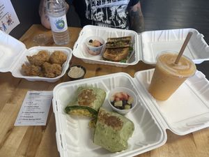 “TTLA”, CAULIFLOWER WINGS” w/ vranch, “CHIK'N SALAD SANDWICH” (made into a wrap) & “DREAMSICLE” smoothie   at Culture Coffee & Tea Bar in Virginia Beach