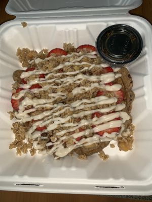 Sweet Waffle with strawberries, granola, and vegan cream cheese drizzle. 🤯 at Culture Coffee & Tea Bar in Virginia Beach