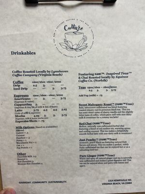 Menu, February 2020 at Culture Coffee & Tea Bar in Virginia Beach