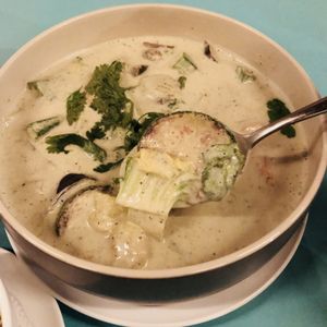 Thai Green Vegetable Curry:
Broccoli, carrots, zucchini, okra, French beans, napa cabbage, eggplant, potatoes and fried bean curd, with addition of brown rice.
 at Privé - Asian Civilisation Museum  in Central Singapore