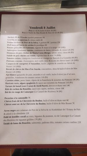 Menu (V is vegan and VE is vegetarian) at La Cuisine Comptoir in Collioure
