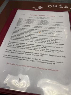 The menu. All V = vegan! Ve = veggie  at La Cuisine Comptoir in Collioure