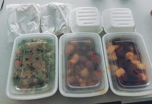 Fried brown rice, sweet & sour ribs, General Tai, Popcorn Chicken strips & white rice. at Buddha's Vegan Restaurant in Toronto