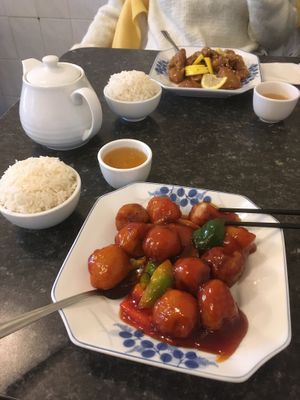 Lemon chicken & and general Tao’s chicken  at Buddha's Vegan Restaurant in Toronto