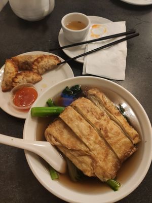 "Duck" noodle soup and dumplings at Buddha's Vegan Restaurant in Toronto