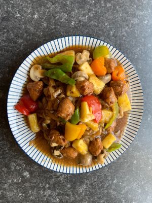 #51 Fried Rice Noodle with Veggie Meat & Satay Sauce. at Buddha's Vegan Restaurant in Toronto