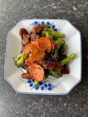 #61 Stir-Fried Soy Beef & Broccoli.   at Buddha's Vegan Restaurant in Toronto