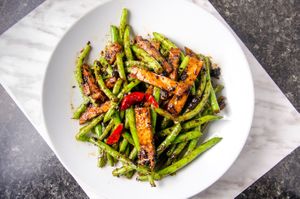 #63 Stir-Fried Green Bean with Soy Chop. at Buddha's Vegan Restaurant in Toronto