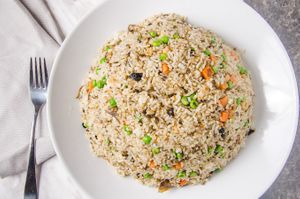 #55 Preserved Olive Leaves, Ginger & Veggie Chicken Fried Rice. at Buddha's Vegan Restaurant in Toronto