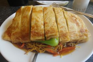 Imitation Duck Chow Mein at Buddha's Vegan Restaurant in Toronto