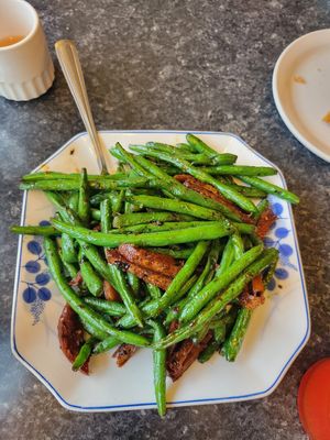 Green beans with soy chop at Buddha's Vegan Restaurant in Toronto