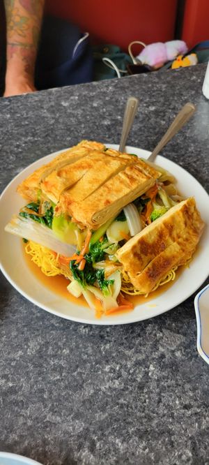 Imitation Duck and Vegetable Chow Mein at Buddha's Vegan Restaurant in Toronto
