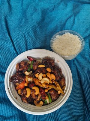 Kung Pao chicken to go (don't forget to ask for rice). Second time  eating it, it's really good! at Buddha's Vegan Restaurant in Toronto