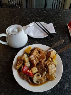 Beef and tofu satay at Buddha's Vegan Restaurant in Toronto