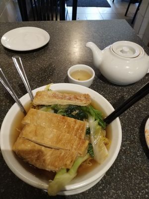 Soup with mock duck - perfect rainy day lunch!! at Buddha's Vegan Restaurant in Toronto