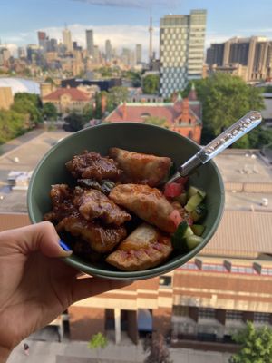 Crispy Ginger Veggie Beef & Deep Fried Dumplings at Buddha's Vegan Restaurant in Toronto