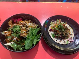 Katsu bowl (left) and taco (right)  at Taku-Taku in Stockholm