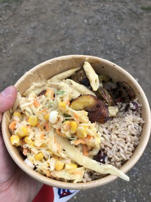 Jerk oyster mushrooms, plantain, mac and cheese, rice, coleslaw   at Livity Plant Based Cuisine in Croydon