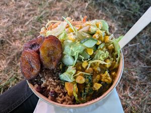 Curried chickpeas bowl at vegan camp out 2025 at Livity Plant Based Cuisine in Croydon