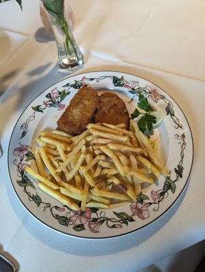 Breaded no chicken and fries in the menu at Pfaff in Triberg