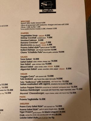 Menu sept 2022  at Safari in Portimao