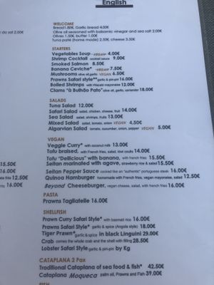 Menu   at Safari in Portimao