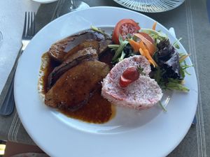 Seitan with agave, and strawberry rice  at Safari in Portimao