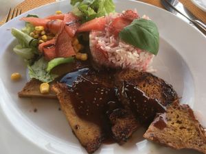 Seitan with agave sauce, strawberry rice and salad✨  at Safari in Portimao