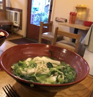 Mustard greens, tofu, rice noodle soup. Vegan. at Davis Noodle City in Davis