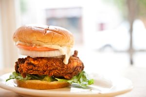 Vegan chick'n and ranch sandwich on a brioche bun at The Greener Kitchen in Baltimore