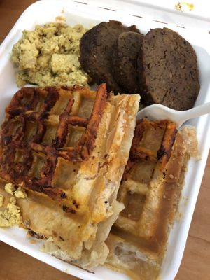 Pizza stuffed waffles, sausage, scramble at The Greener Kitchen in Baltimore
