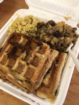 Ham cheese broccoli stuff waffle, potatoes, scramble  at The Greener Kitchen in Baltimore