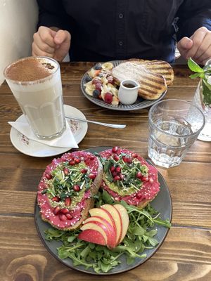 Beetroot hummus toast, chai w/ soy milk (non-vegan french toast)  at Panenská Kaviareň in Bratislava