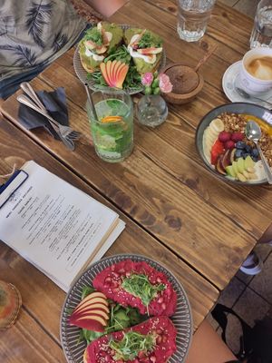 Beetroot bread, yoghurt with mango (vegan available), avocado bread (vegan option available) at Panenská Kaviareň in Bratislava