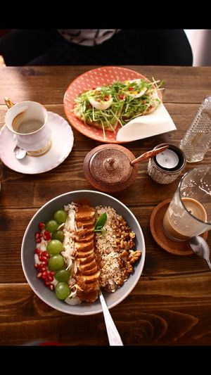 Vegan coconut yoghurt bowl and soy latte at Panenská Kaviareň in Bratislava